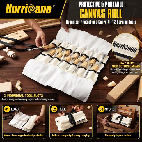 HURRICANE 12-Piece Starter Wood Carving Tools Set, Professional Wood Carving Kit with Razor Sharp 60CRV Steel Blades, Ash Wood Handles & Canvas Case for Beginners Professionals Specialties in Saudi Arabia