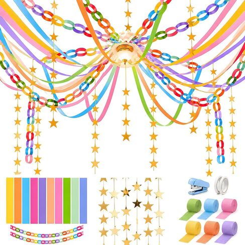 Xzentira 600 Sheet Paper Chain Garland Strips 1x8 Inch and Mirror Star Garland 13 with Double Sided Tape, DIY Construction Paper Chains for Birthday Wedding Holiday Party Decorations, Crafts Supplies in Kuwait