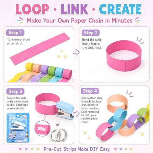 Xzentira 600 Sheet Paper Chain Garland Strips 1x8 Inch and Mirror Star Garland 13 with Double Sided Tape, DIY Construction Paper Chains for Birthday Wedding Holiday Party Decorations, Crafts Supplies in Kuwait