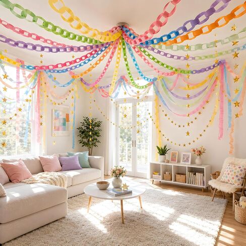 Xzentira 600 Sheet Paper Chain Garland Strips 1x8 Inch and Mirror Star Garland 13 with Double Sided Tape, DIY Construction Paper Chains for Birthday Wedding Holiday Party Decorations, Crafts Supplies in Kuwait