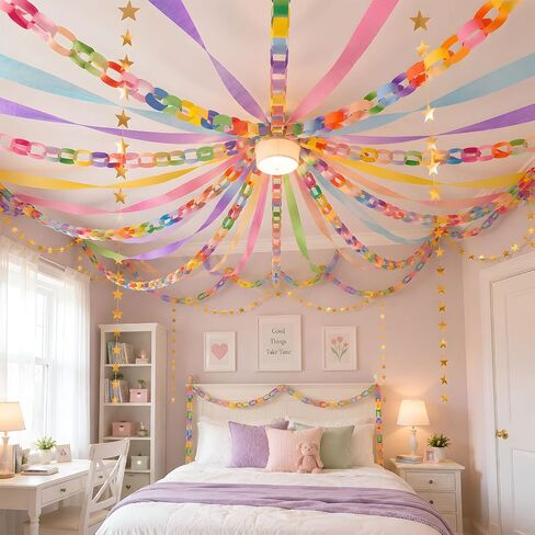 Xzentira 600 Sheet Paper Chain Garland Strips 1x8 Inch and Mirror Star Garland 13 with Double Sided Tape, DIY Construction Paper Chains for Birthday Wedding Holiday Party Decorations, Crafts Supplies in Kuwait