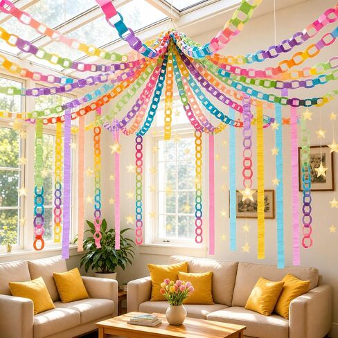 Xzentira 600 Sheet Paper Chain Garland Strips 1x8 Inch and Mirror Star Garland 13 with Double Sided Tape, DIY Construction Paper Chains for Birthday Wedding Holiday Party Decorations, Crafts Supplies in Kuwait
