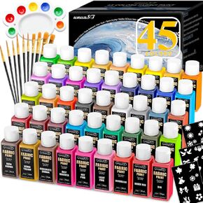 45 Colors Permanent Fabric Paint with Brushes, Palette, Stencils (1oz/30ml) in Saudi Arabia