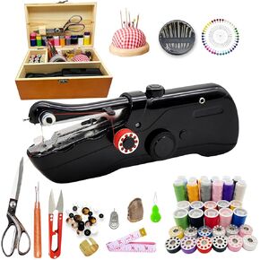 Handheld Sewing Machine with Exquisite Wooden Storage Box & 142-Piece Sewing Kit - Electric Switch, Dual Power Supply, Assorted Needles, Threads, Heavy Duty Scissors - Meets All Household Sewing Needs in Saudi Arabia