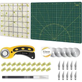 Headley Tools Rotary Cutter Set - 45mm Fabric Cutter, 5 Extra Rotary Blades, A3 Cutting Mat, Quilting Ruler and Sewing Clips, Craft Knife Set, Ideal for Crafting, Sewing, Patchworking,Turquoise in Kuwait