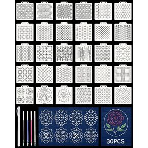 FIVEIZERO 30PCS Sashiko Stencils Kit,Sashiko Templates&4 Heat Erasable Pens in Kuwait