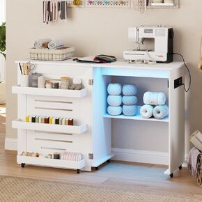 Lvifur Lighted Folding Sewing Table - with Charging Station, Sewing Cabinet with Storage, Farmhouse Sewing Desk with Motion Sensor Lights, Cutting Table with 3 Storage Trays,6 Wheels,White in Kuwait