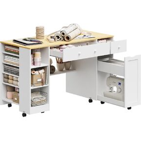 Rolling Craft Table with Sewing Machine Storage Drawer (White+Wood) in Saudi Arabia