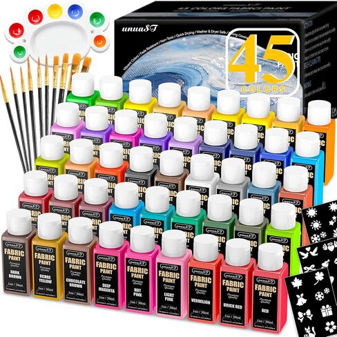 45 Colors Permanent Fabric Paint with Brushes, Palette, Stencils (1oz/30ml) in Saudi Arabia