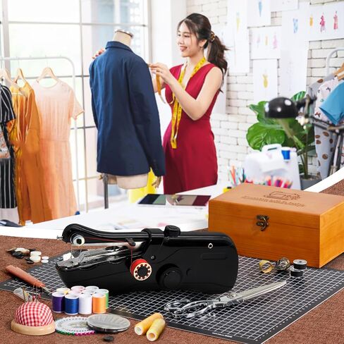 Handheld Sewing Machine with Exquisite Wooden Storage Box & 142-Piece Sewing Kit - Electric Switch, Dual Power Supply, Assorted Needles, Threads, Heavy Duty Scissors - Meets All Household Sewing Needs in Saudi Arabia