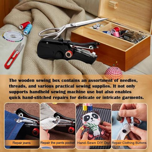 Handheld Sewing Machine with Exquisite Wooden Storage Box & 142-Piece Sewing Kit - Electric Switch, Dual Power Supply, Assorted Needles, Threads, Heavy Duty Scissors - Meets All Household Sewing Needs in Saudi Arabia