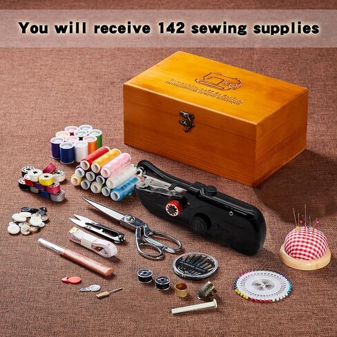 Handheld Sewing Machine with Exquisite Wooden Storage Box & 142-Piece Sewing Kit - Electric Switch, Dual Power Supply, Assorted Needles, Threads, Heavy Duty Scissors - Meets All Household Sewing Needs in Saudi Arabia