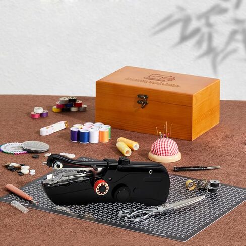 Handheld Sewing Machine with Exquisite Wooden Storage Box & 142-Piece Sewing Kit - Electric Switch, Dual Power Supply, Assorted Needles, Threads, Heavy Duty Scissors - Meets All Household Sewing Needs in Saudi Arabia
