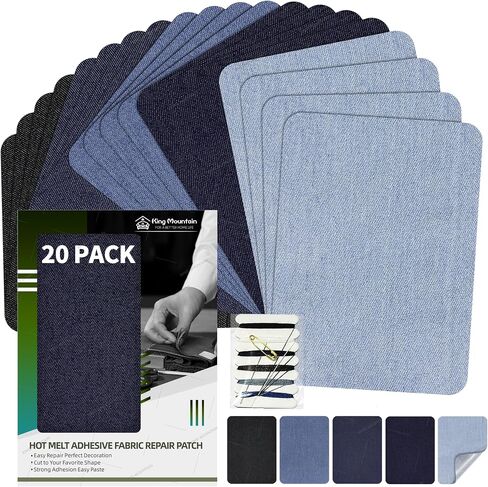 KING MOUNTAIN Iron-on Repair Patch 20 Pcs Pack,Denim Patches for Jeans Kit 3" by 4-1/4", 100% Cotton Denim Iron-on Repair Patch,Jeans and Clothing Repair and Decoration Kit (Five Color) in Saudi Arabia