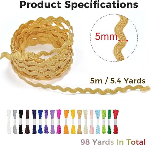 18 Colors Rick Rack Trim for Sewing, 98 Yards RIC Rac Ribbon (5m Per Color), Wavy Fabric Trim Zigzag Decorative Ribbon for Crafts, DIY Projects, Quilting, Holiday Embellishments in Kuwait