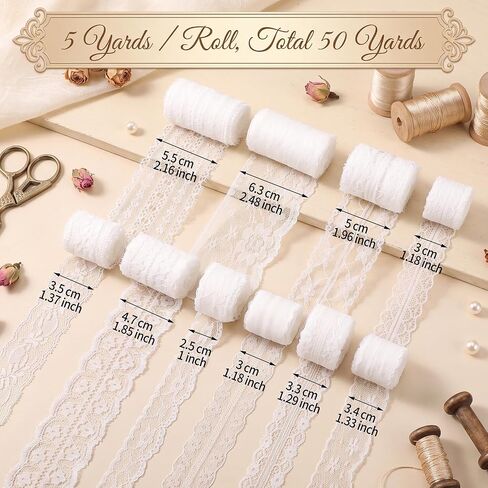 50 Yards White Lace Ribbon 10 Rolls 1 inch to 2.5 inch Width in Kuwait