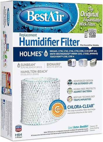 BestAir H64-PDQ-4 Extended Life Humidifier Replacement Paper Wick Humidifier Filter, For Holmes, Sunbeam, Touch Point, White-Westinghouse, Hamilton-Beach & Bionaire Models, 7.2" x 2.4" x 9.6" in Kuwait