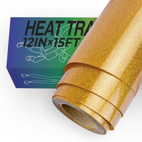 HTVRONT Gold Glitter HTV Vinyl Roll - 12 × 15FT ذهبي لامع نقل الحرارة فينيل للقمصان، حديد لامع على الفينيل لجميع آلات القطع، سهل القطع لتصميم الفينيل الحراري in Kuwait