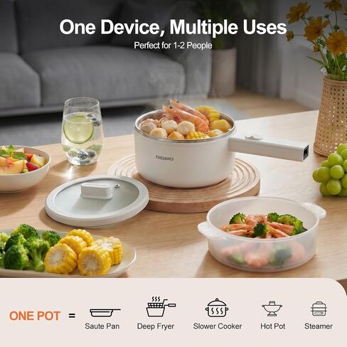 DiDimo Electric Hot Pot，1.5L Stainless Steel Mini Pot，Rapid Noodles Cooker，Shabu Hot Pot，For Steak, Egg, Fried Rice, Ramen, Oatmeal, Soup，With Over-Heating Protection, Boil Dry Protection（Egg Rack Included） in Kuwait