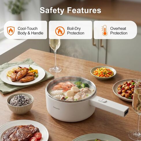 DiDimo Electric Hot Pot，1.5L Stainless Steel Mini Pot，Rapid Noodles Cooker，Shabu Hot Pot，For Steak, Egg, Fried Rice, Ramen, Oatmeal, Soup，With Over-Heating Protection, Boil Dry Protection（Egg Rack Included） in Kuwait