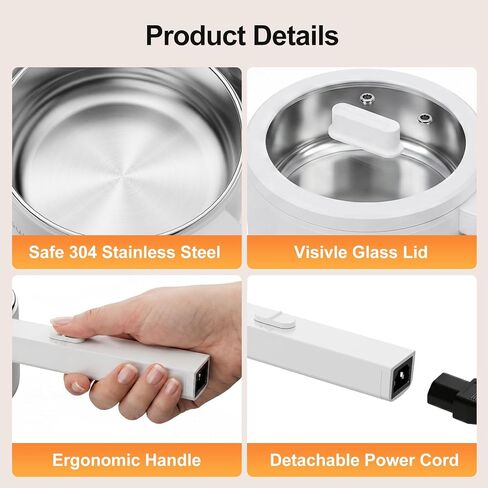 DiDimo Electric Hot Pot，1.5L Stainless Steel Mini Pot，Rapid Noodles Cooker，Shabu Hot Pot，For Steak, Egg, Fried Rice, Ramen, Oatmeal, Soup，With Over-Heating Protection, Boil Dry Protection（Egg Rack Included） in Kuwait