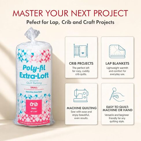 Fairfield Poly-Fil Extra-Loft Quilt Batting, Premium Polyester Batting for Quilting, Ideal for Lap Blankets and Crib-Size Projects, Quilting Supplies, 45" X 60" in Kuwait