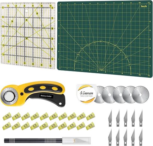 Headley Tools Rotary Cutter Set - 45mm Fabric Cutter, 5 Extra Rotary Blades, A3 Cutting Mat, Quilting Ruler and Sewing Clips, Craft Knife Set, Ideal for Crafting, Sewing, Patchworking,Turquoise in Kuwait