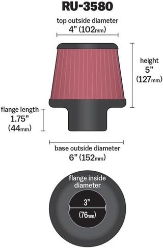 K&N Universal Clamp-On Air Intake Filter: High Performance, Premium, Washable, Replacement Filter: Flange Diameter: 3 In, Filter Height: 5 In, Flange Length: 1.75 In, Shape: Round Tapered, RU-3580 in Kuwait