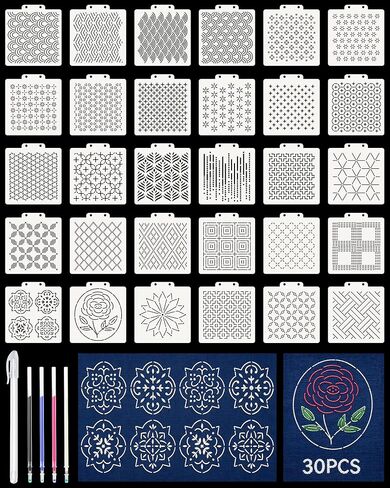 FIVEIZERO 30PCS Sashiko Stencils Kit,Sashiko Templates&4 Heat Erasable Pens in Kuwait