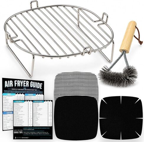 Air Fryer Accessories Set with Stainless Steel Rack and Wire Brush, Air Frying Cheat Sheet Guides, Reusable Liners, Compatible with Ninja Foodi, Nuwave® Brio, Power and More in Kuwait
