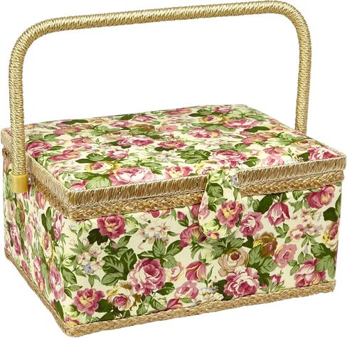 Sewing Basket with Rose Floral Print Design- Sewing Kit Storage Box with Removable Tray, Built-In Pin Cushion and Interior Pocket - Large - 12" x 9" x 6" - by Adolfo Design in Kuwait