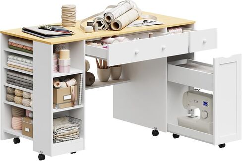 Rolling Craft Table with Sewing Machine Storage Drawer (White+Wood) in Saudi Arabia