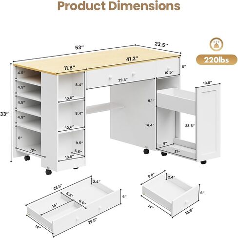 Rolling Craft Table with Sewing Machine Storage Drawer (White+Wood) in Saudi Arabia