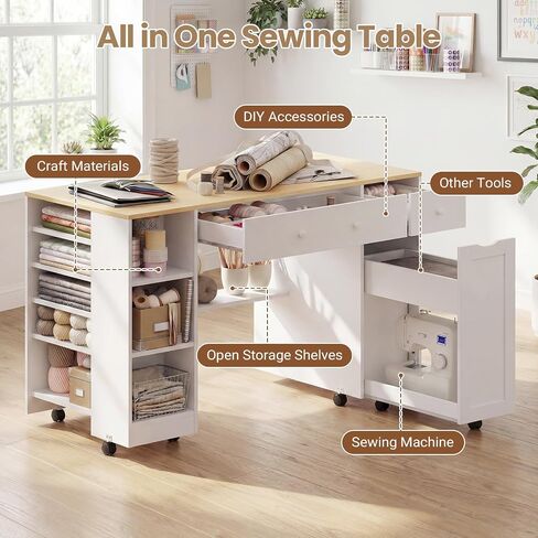 Rolling Craft Table with Sewing Machine Storage Drawer (White+Wood) in Saudi Arabia
