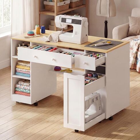 Rolling Craft Table with Sewing Machine Storage Drawer (White+Wood) in Saudi Arabia