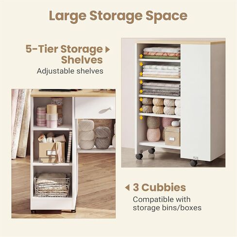 Rolling Craft Table with Sewing Machine Storage Drawer (White+Wood) in Saudi Arabia