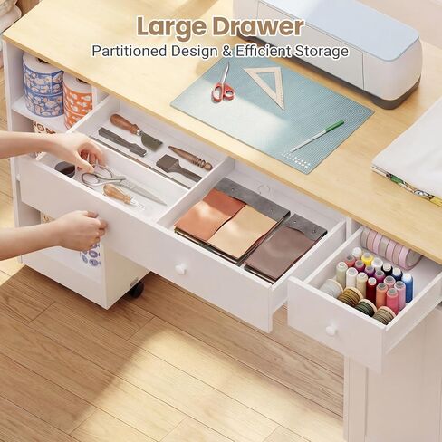 Rolling Craft Table with Sewing Machine Storage Drawer (White+Wood) in Saudi Arabia