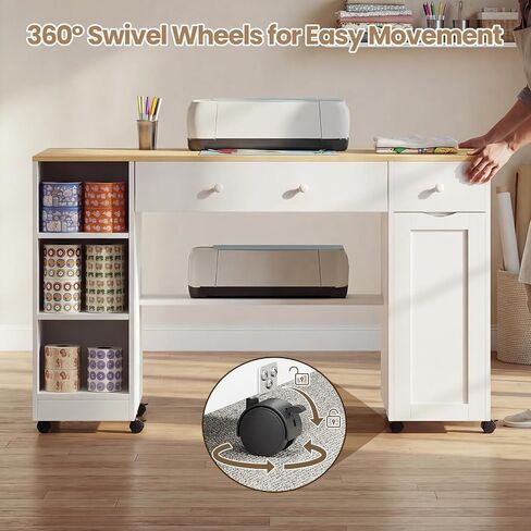 Rolling Craft Table with Sewing Machine Storage Drawer (White+Wood) in Saudi Arabia