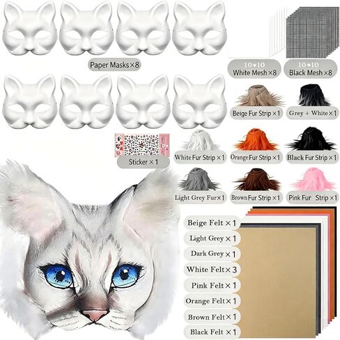 Therian Mask Kit - DIY Blank Cat Masks Set to Dress Up with Felt Fabric Sheet Plush Faux Fur Eye Mesh for Cosplay Party Halloween Christmas Easter Crafts Masquerade in Kuwait