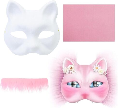 Therian Mask Kit - DIY Blank Cat Masks Set to Dress Up with Felt Fabric Sheet Plush Faux Fur Eye Mesh for Cosplay Party Halloween Christmas Easter Crafts Masquerade in Kuwait