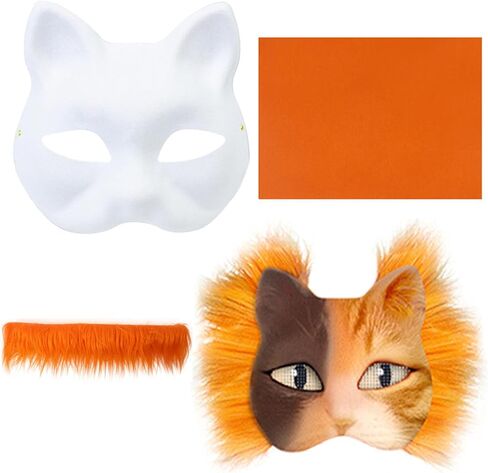 Therian Mask Kit - DIY Blank Cat Masks Set to Dress Up with Felt Fabric Sheet Plush Faux Fur Eye Mesh for Cosplay Party Halloween Christmas Easter Crafts Masquerade in Kuwait