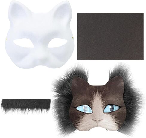 Therian Mask Kit - DIY Blank Cat Masks Set to Dress Up with Felt Fabric Sheet Plush Faux Fur Eye Mesh for Cosplay Party Halloween Christmas Easter Crafts Masquerade in Kuwait