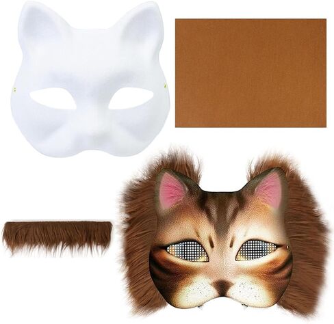 Therian Mask Kit - DIY Blank Cat Masks Set to Dress Up with Felt Fabric Sheet Plush Faux Fur Eye Mesh for Cosplay Party Halloween Christmas Easter Crafts Masquerade in Kuwait