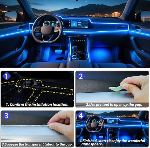 أضواء شريطية للسيارة، مصابيح داخلية للسيارة، طقم إضاءة LED محيطة مع 16 مليون لون من الألياف الضوئية وإيقاع مزامنة الموسيقى، ملحقات سيارة بإضاءة نيون USB لوحدة التحكم المركزية ولوحة القيادة، نسخة مطورة in Kuwait