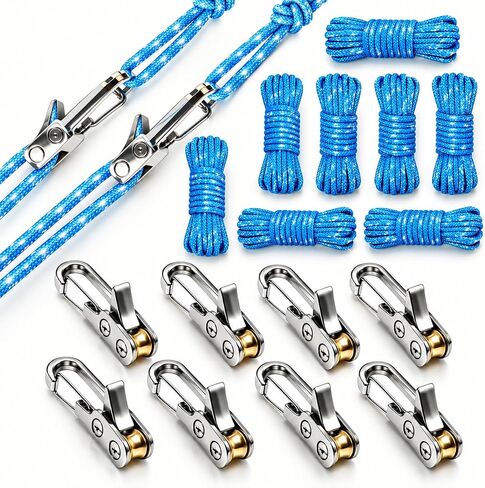 16 Pack Tent Rope Tensioners, 8 Metal Rope Buckles with 8 Blue Braided Ropes, Adjustable Guyline Tighteners for Camping Tents, Tarps, Canopies, Hammocks in Kuwait