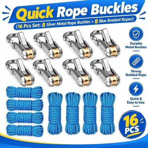 16 Pack Tent Rope Tensioners, 8 Metal Rope Buckles with 8 Blue Braided Ropes, Adjustable Guyline Tighteners for Camping Tents, Tarps, Canopies, Hammocks in Kuwait