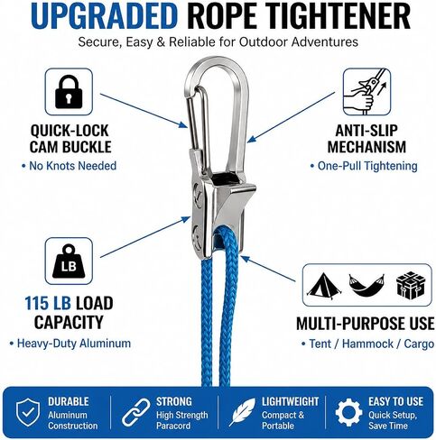 16 Pack Tent Rope Tensioners, 8 Metal Rope Buckles with 8 Blue Braided Ropes, Adjustable Guyline Tighteners for Camping Tents, Tarps, Canopies, Hammocks in Kuwait