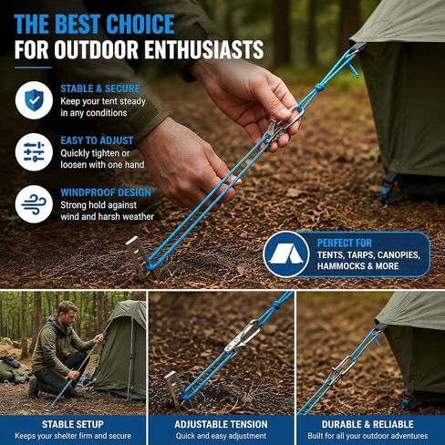 16 Pack Tent Rope Tensioners, 8 Metal Rope Buckles with 8 Blue Braided Ropes, Adjustable Guyline Tighteners for Camping Tents, Tarps, Canopies, Hammocks in Kuwait