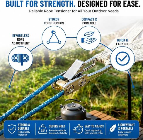 16 Pack Tent Rope Tensioners, 8 Metal Rope Buckles with 8 Blue Braided Ropes, Adjustable Guyline Tighteners for Camping Tents, Tarps, Canopies, Hammocks in Kuwait