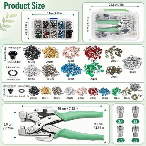 Grommet Tool Kit 3/16 1/8 Leather Hole Punch Plier Puncher with 360 Sets Color Metal Eyelets for DIY Fabric Canvas Craft Projects in Kuwait